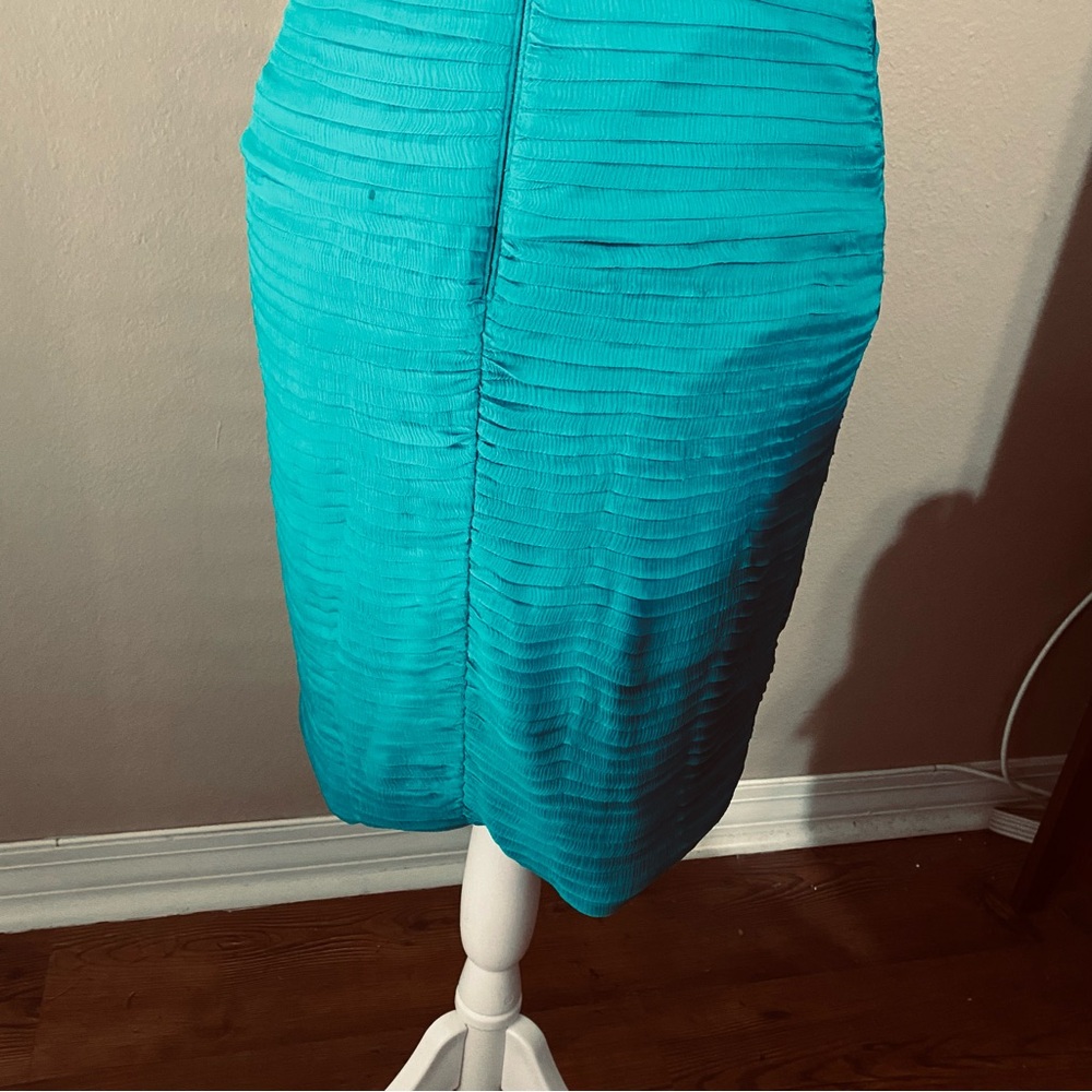 Tadashi Shoji Teal Silk Off Shoulder Cocktail Dress Sz 2 Pleated Bodycon Sheath - Picture 11 of 15